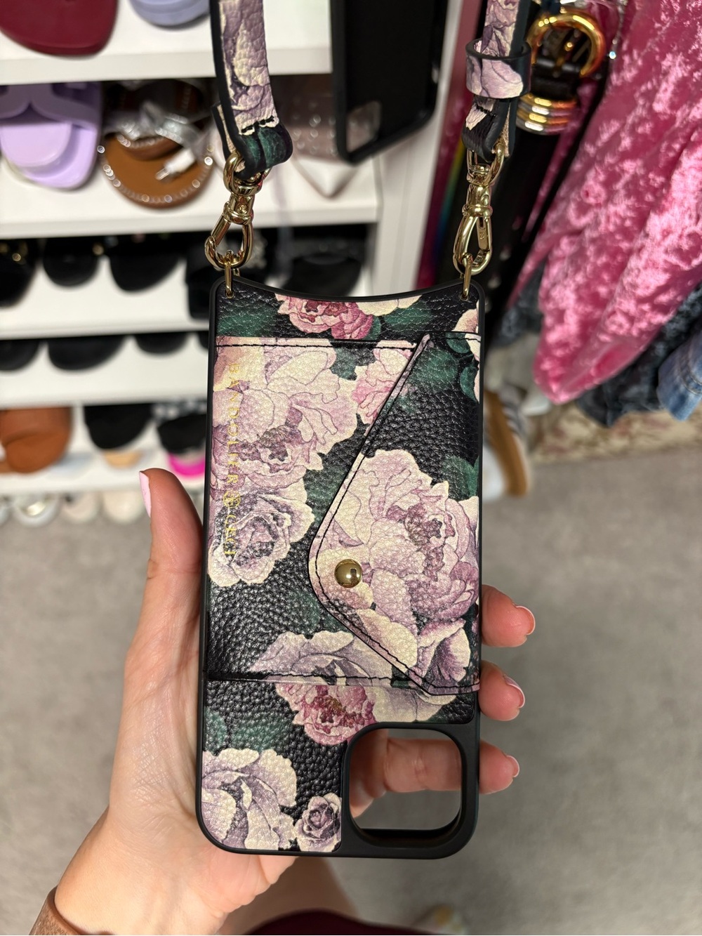 Bandolier Floral Mini Crossbody Phone Case - Black with Pink Floral